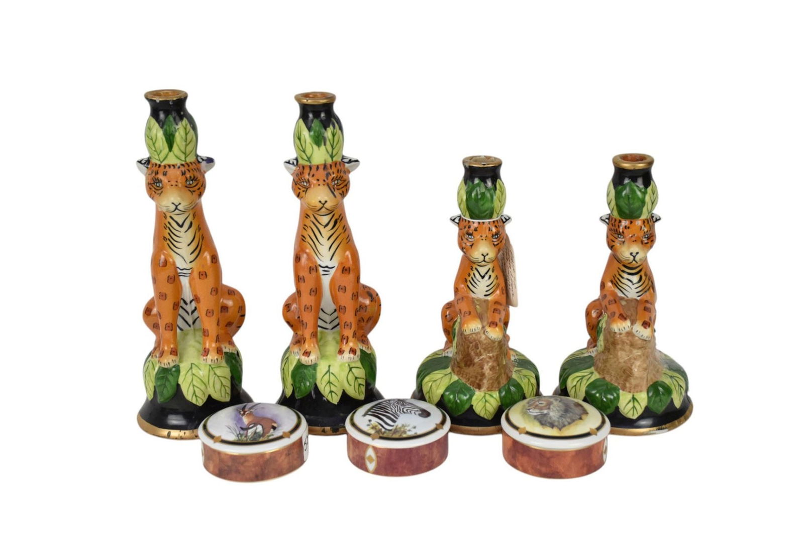 2 Pair Lynn Chase Style- "Cheetah" Candlesticks (10"h & 12"h) AND 3 Lynn Chase Signed Porcelain (1 of 7)