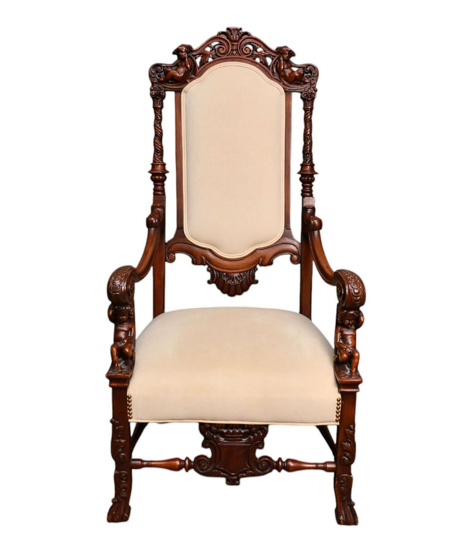 Throne Chair, 20th c, Heavily Carved Crest & Railings & Hand Rest, Upholstered Suede Like Fabric: Throne Chair, 20th c, Heavily Carved Crest & Railings & Hand Rest, Upholstered Suede Like Fabric