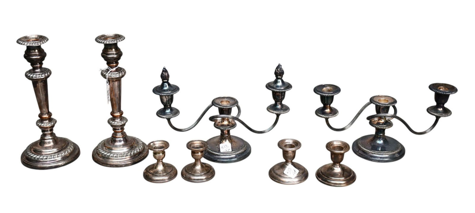 4 Pair Assorted Antique Weighted Silver Candlesticks, smaller four are marked Birks Sterling silver, (1 of 4)