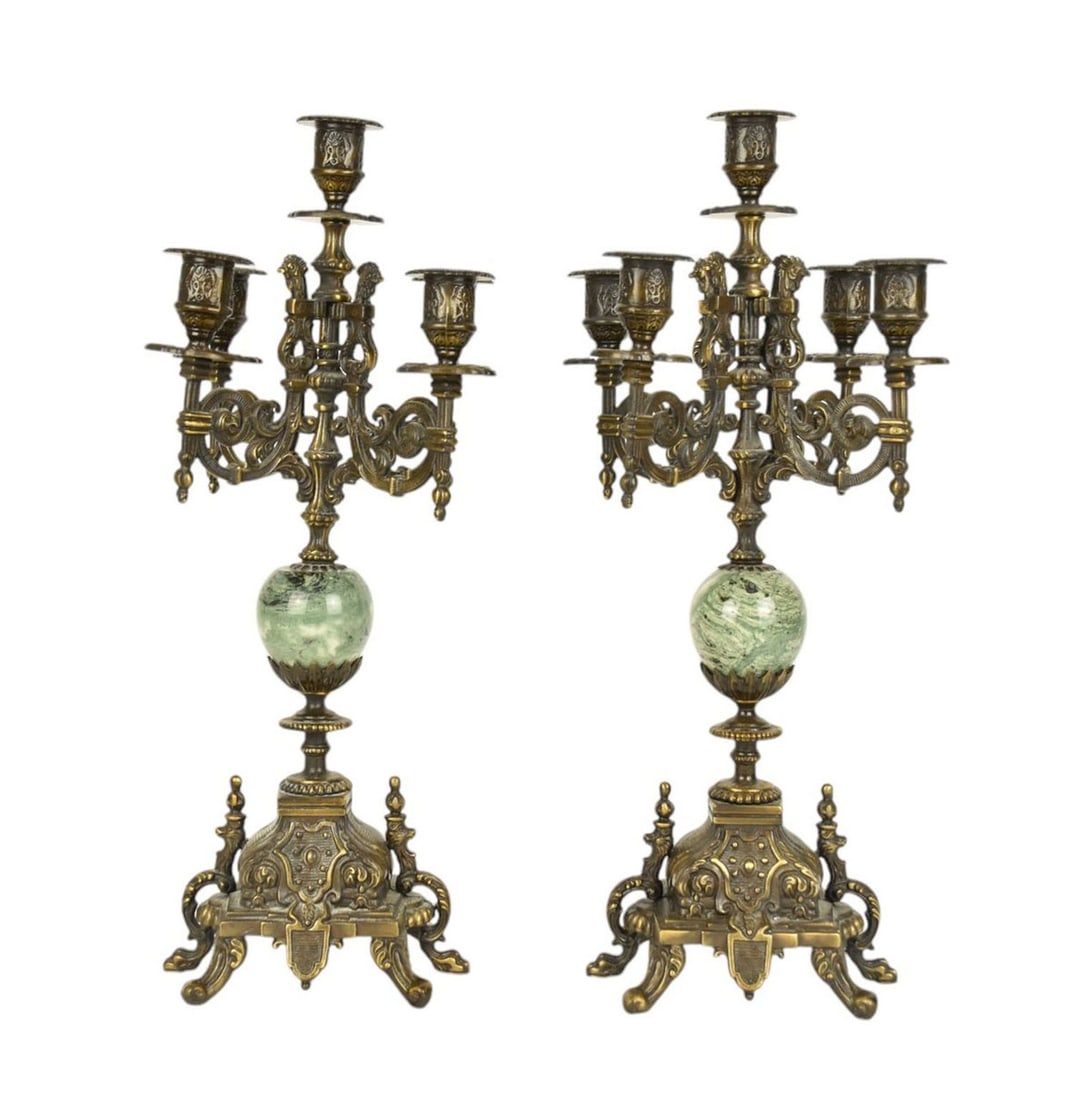 Pair Gold Tone Small Candelabras with Green Stone in Column, 16"h (1 of 9)