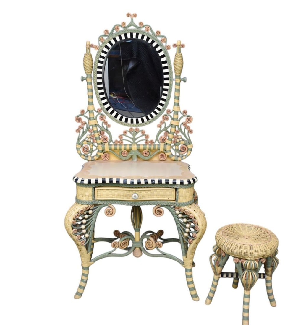 Mackenzie Child Style Vanity & Stool (some wicker unraveling) (1 of 11)