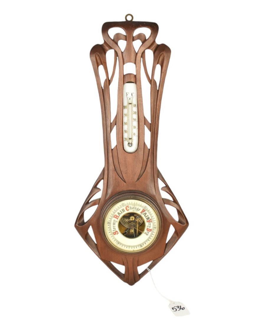 Antique Art Nouveau Barometer - A wood cased barameter with Art Nouveau design. The back stamped (1 of 4)