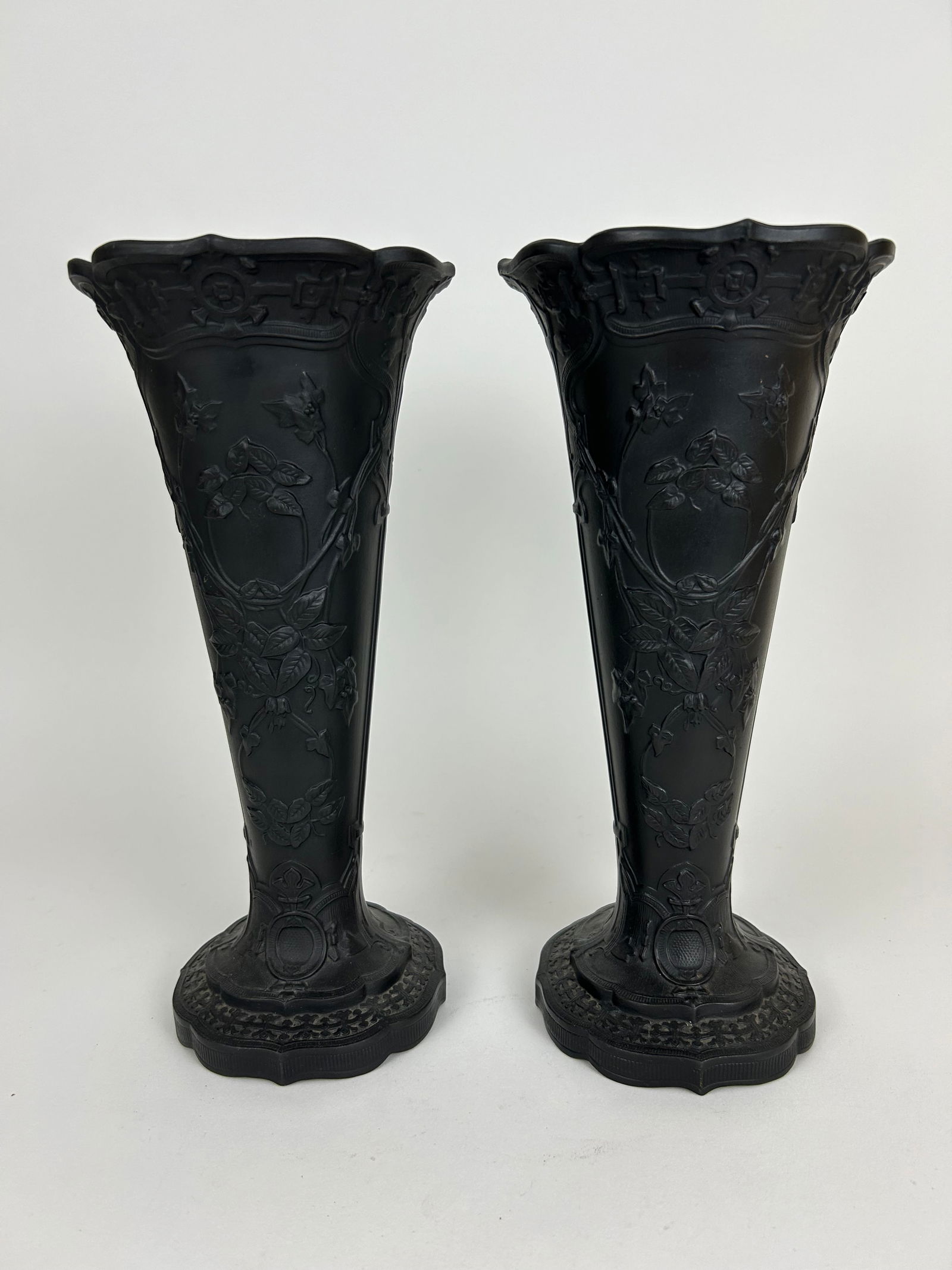 Pair of Wedgewood Basalt Trumpet Form Vases floral pattern in relief 11.5" H 5.25" dia (1 of 10)