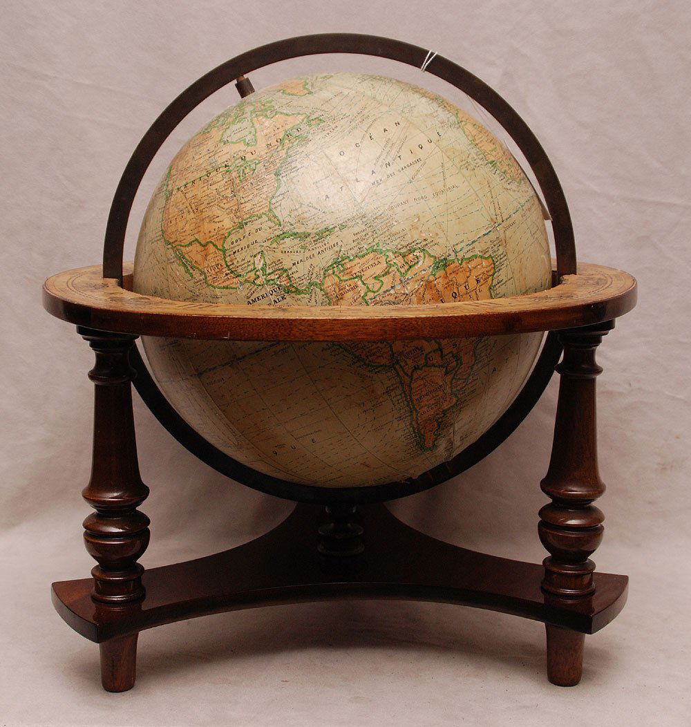 Old French globe on wood stand & frame, globe is 14: Old French globe on wood stand & frame, globe is 14"h, stand is 11 1/2"h