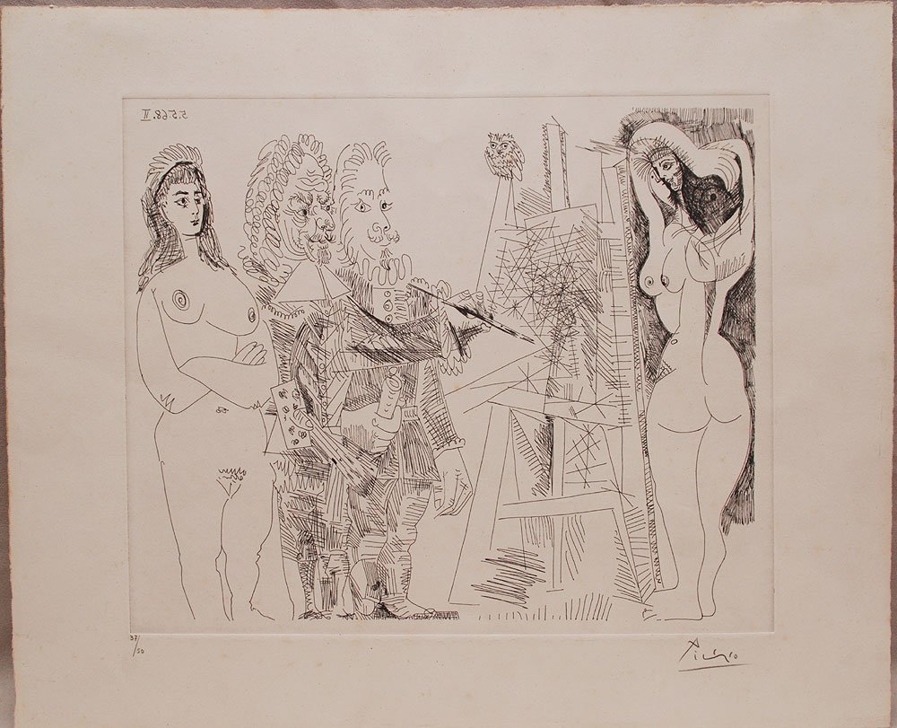 Pablo Picasso (SPANISH, 1881-1973) Etching, titled: Pablo Picasso (SPANISH, 1881-1973) Etching, titled: L'atelier, avec un hibou et un envoyé officiel (from 347 series) Etching, 1968, from the 347 Series, signed in pencil and numbered 45/50, on Rives 