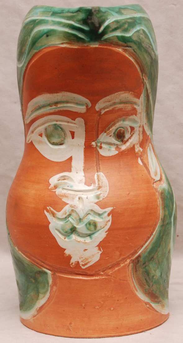 Pablo Picasso "Woman's Face" Ceramic Pitcher by Mad: Pablo Picasso "Woman's Face" Ceramic Pitcher by Madoura C. 1953. Edition 67/200. Woman's Face (A.R. 192) partially glazed white earthenware pitcher painted in colors, 1953, inscised 'Edition Picasso M