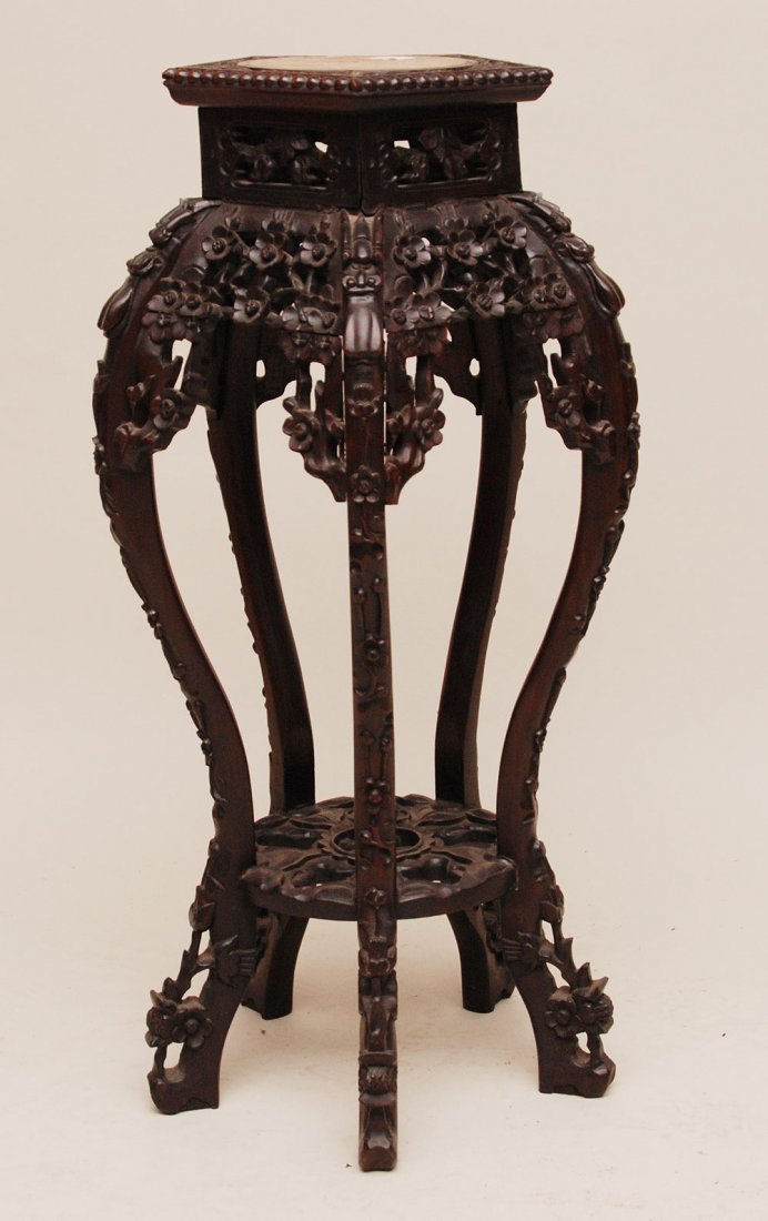 Chinese, 5 sided stand and lower shelf, deeply car: Chinese, 5 sided stand and lower shelf, deeply carved frieze, marble center