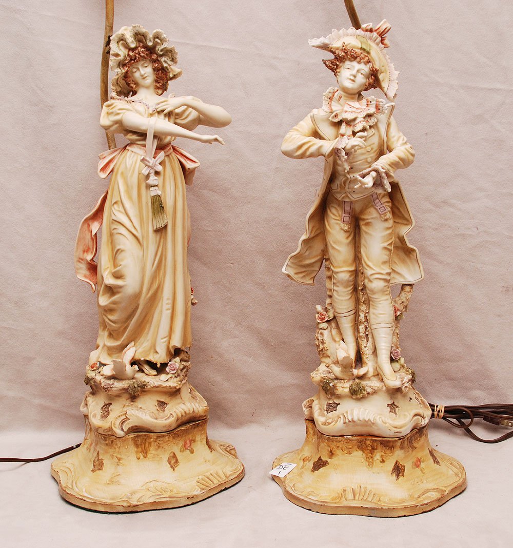 Pair of Edwardian clothed boy & girl bisque lamps: Pair of Edwardian clothed boy & girl bisque lamps, 20"h (without lamp fixture)