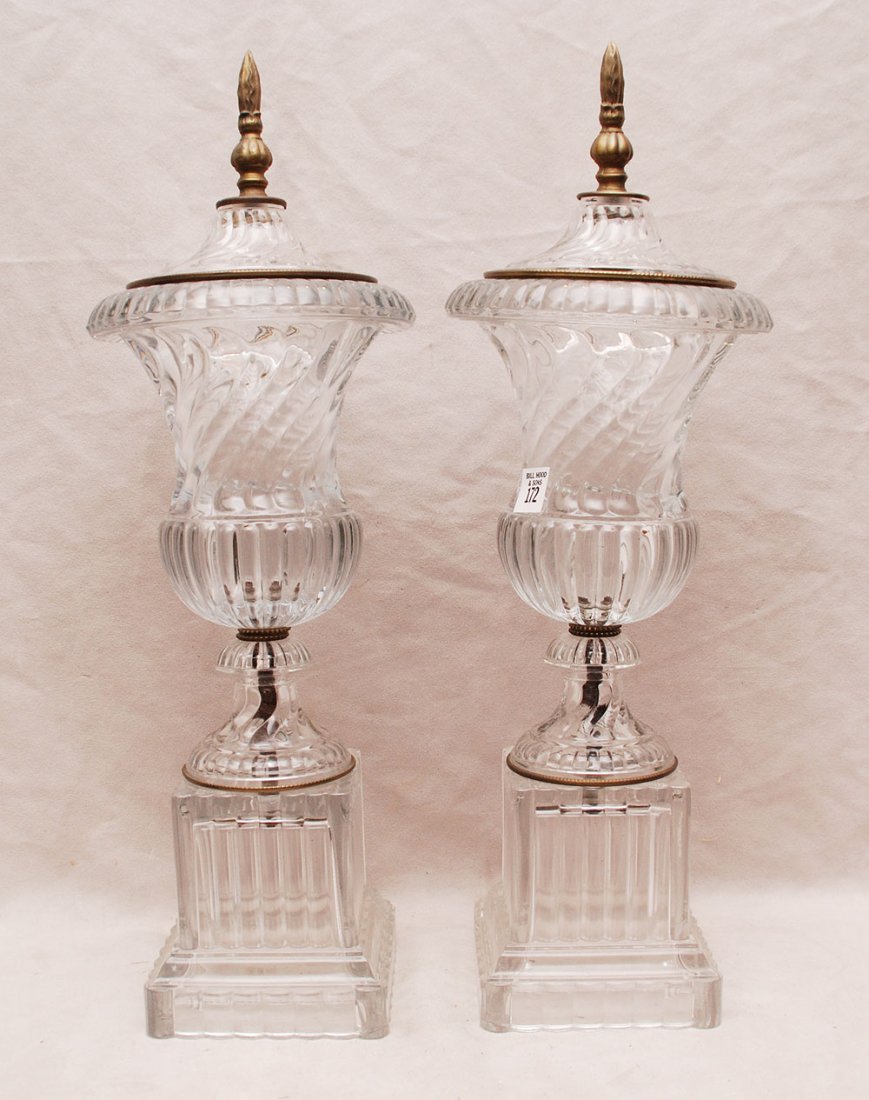 Pair crystal swirl and rib form covered urns, 22"h: Pair crystal swirl and rib form covered urns, 22"h