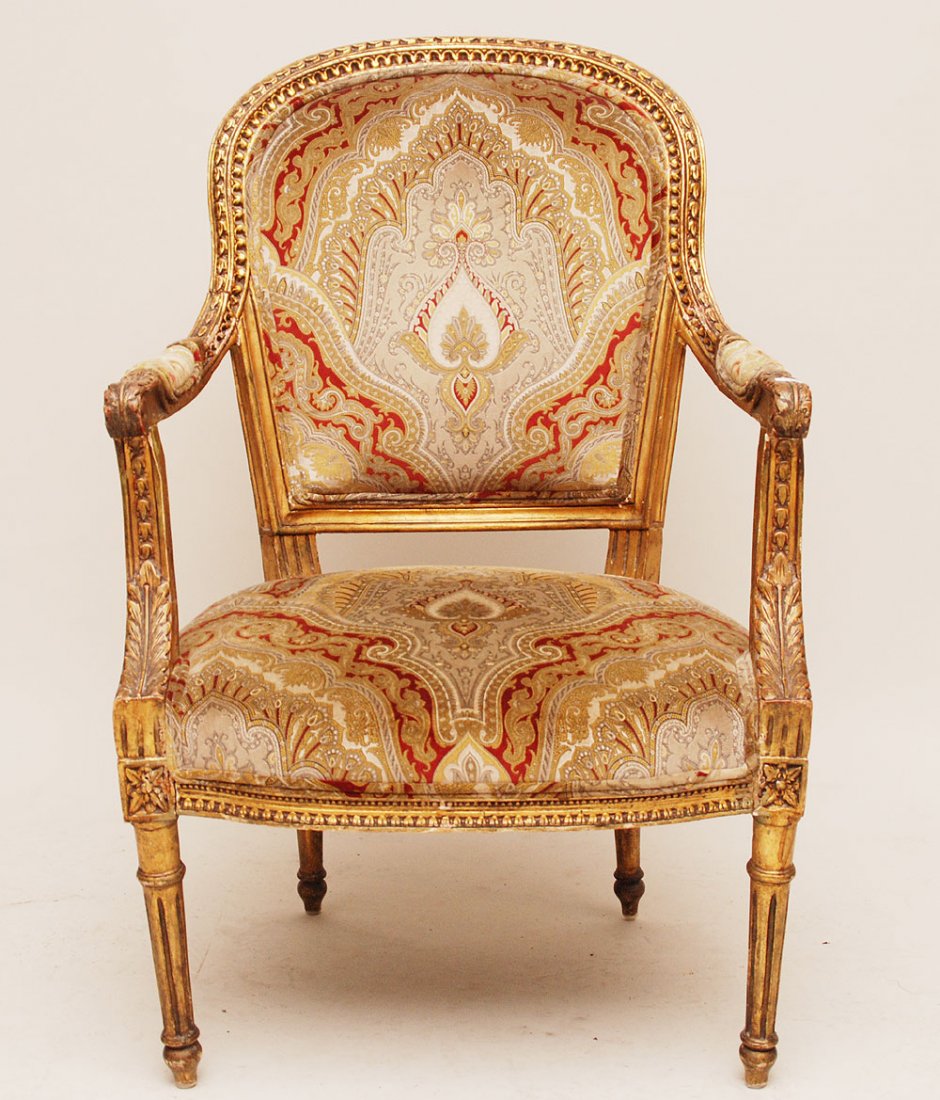 Louis XVI style arm chair, gilded frame with velve: Louis XVI style arm chair, gilded frame with velvet fabric, matches item #181 bedding