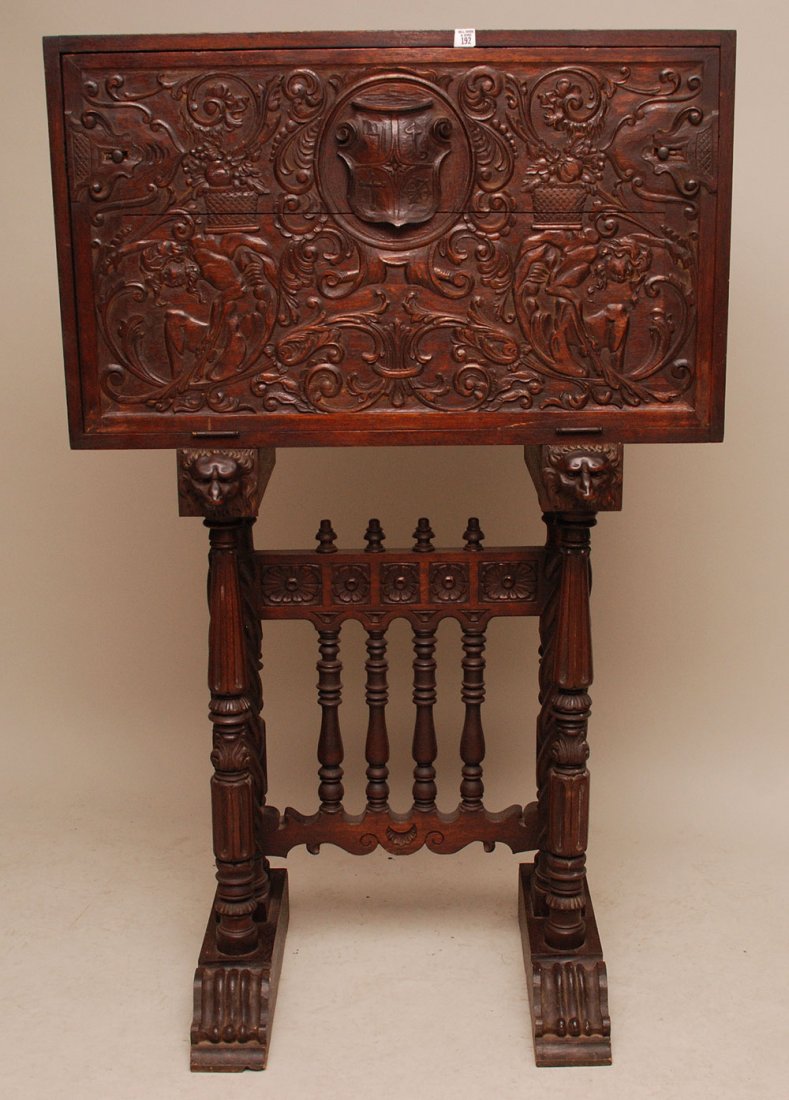 Carved 19th c. Spanish style drop front desk revea: Carved 19th c. Spanish style drop front desk revealing cubbies and drawers, 57"h x 36"w x 14"d