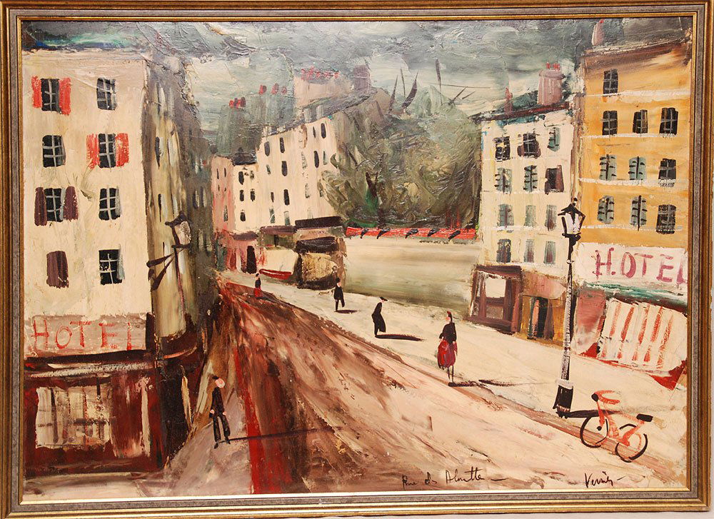 Charles Levier (AKA) Verier (1920-2004) France, Pa: Charles Levier (AKA) Verier (1920-2004) France, Paris, Rue d' Alouette, circa 1954, oil on panel board, measuring 21 1/2" x 30" signed/titled front at bottom, Provenance Seymour Gallery, New York