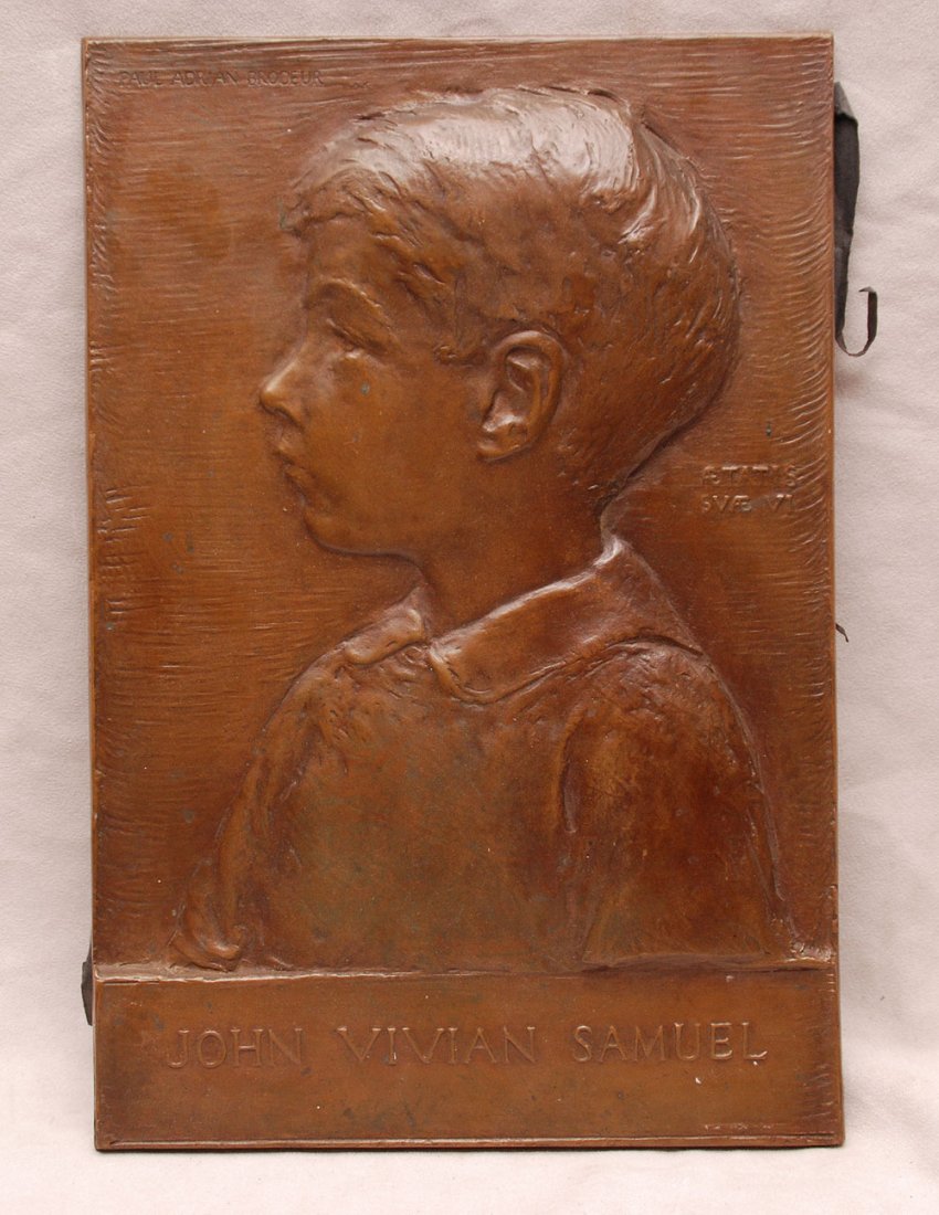 Bronze plaque of young boy's profile, born Mass. 1: Bronze plaque of young boy's profile, born Mass. 1894, John Vivian Samuel, by Paul. Adrian Brodeur, 15 1/2h x 10 3/4L