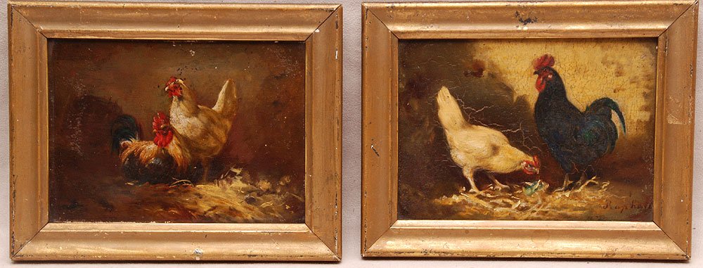 Pair of 19th Century European School, oils on pane: Pair of 19th Century European School, oils on panel with chickens one signed Raphael, 5-1/4" x 7-1/4"