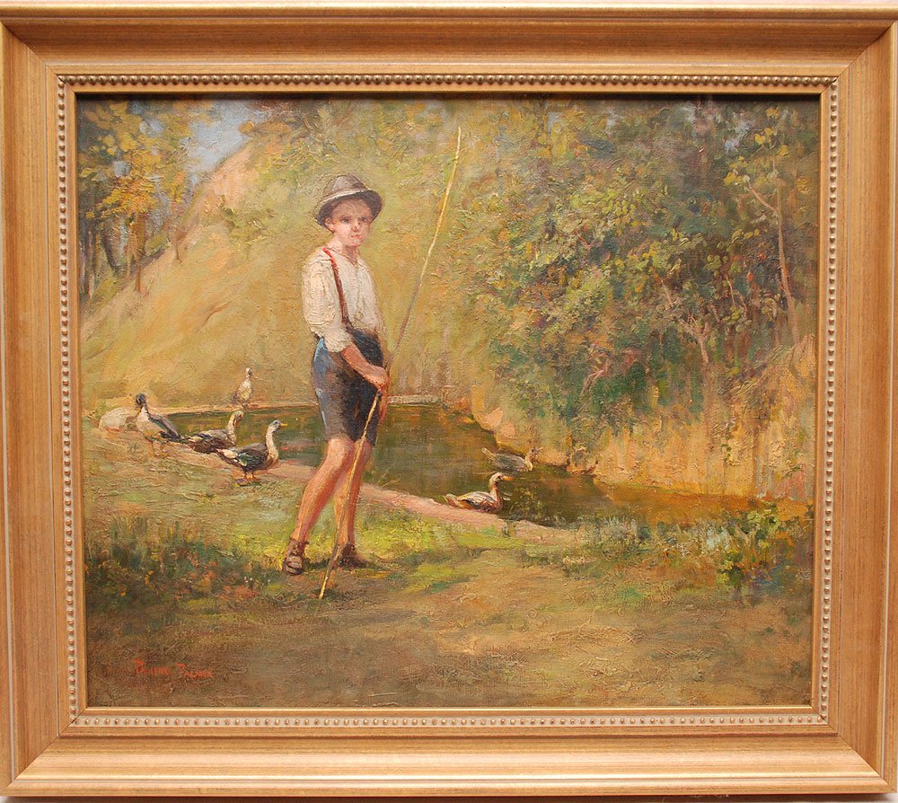 Pauline Lennards Palmer (American 1867 - 1938) oi: Pauline Lennards Palmer (American 1867 - 1938) oil on artist board, boy fishing on a pond with ducks, 18" x 21-1/2"
