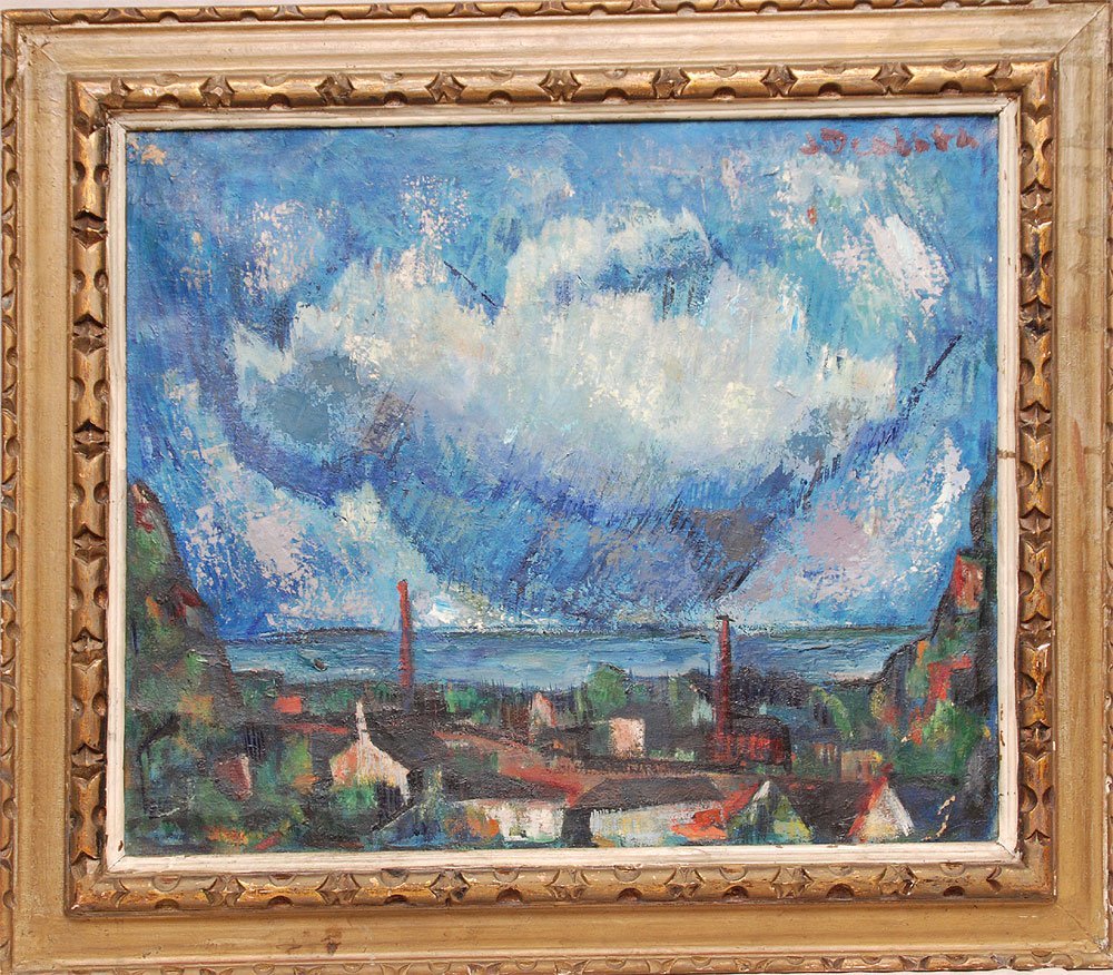 American School oil on canvas signed illegibly, st: American School oil on canvas signed illegibly, storm approaching, 20" x 28"