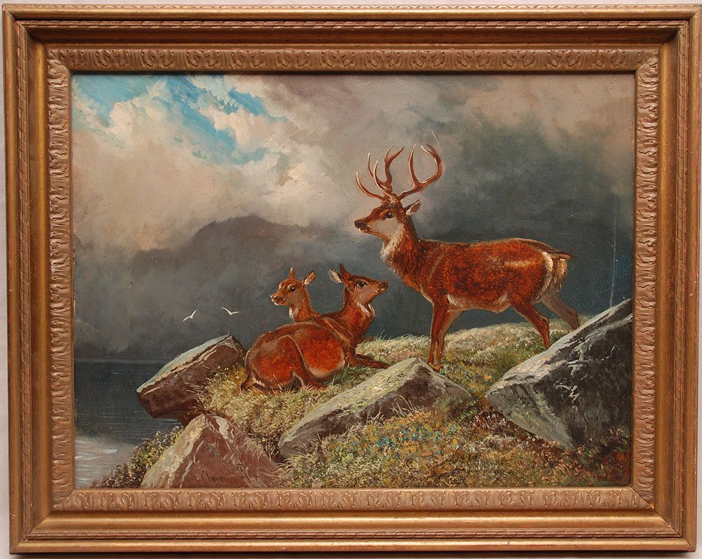 Clarence Henry Roe (British, 1850-1909), Mountain : Clarence Henry Roe (British, 1850-1909), Mountain Scene with Deer, Oil on Canvas, Height: 18" Width: 24"