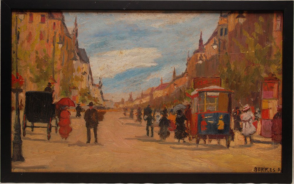 Antal Berkes (Hungarian, 1874-1938), Street Scene,: Antal Berkes (Hungarian, 1874-1938), Street Scene, Oil on Board, Height: 19.5" Width: 27"