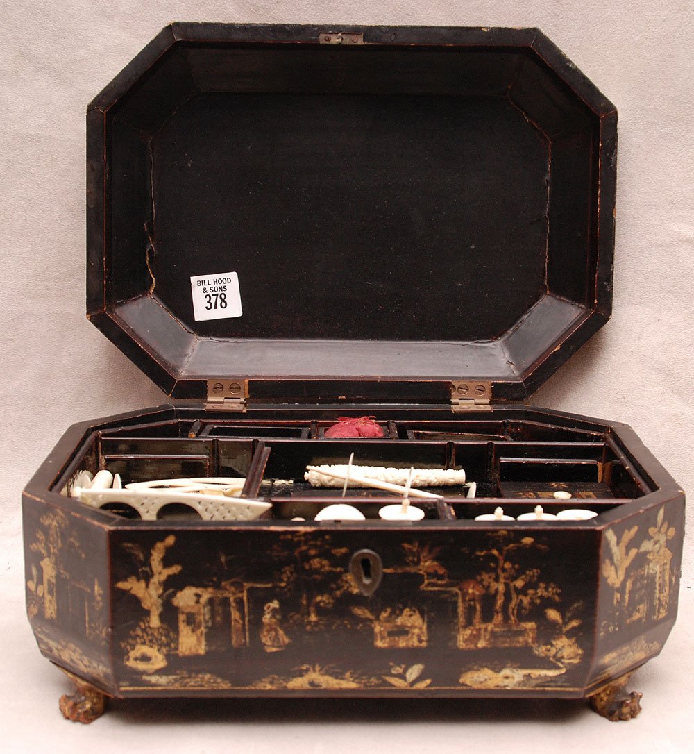 Chinese chinoisserie sewing box on lion paw feet w: Chinese chinoisserie sewing box on lion paw feet with ivory implements (some interior sections missing)