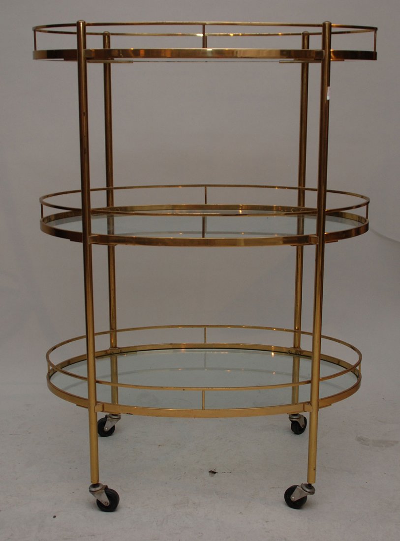 3 tier brass frame tea wagon on wheels, 42"h x 30": 3 tier brass frame tea wagon on wheels, 42"h x 30"w x 18 1/2"d