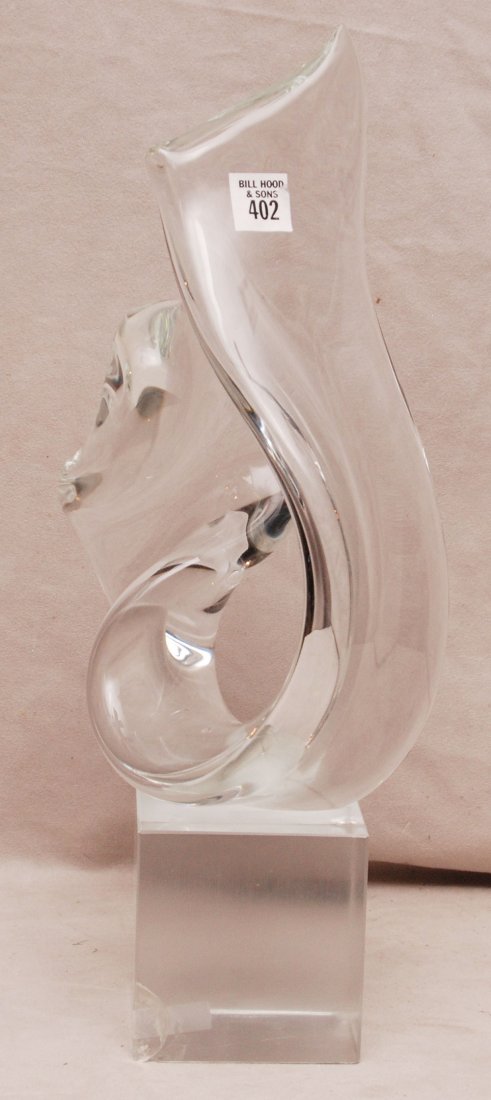 Murano abstract by Seguso on base, 17"total: Murano abstract on attached glass base, 17"total (several chips to base)