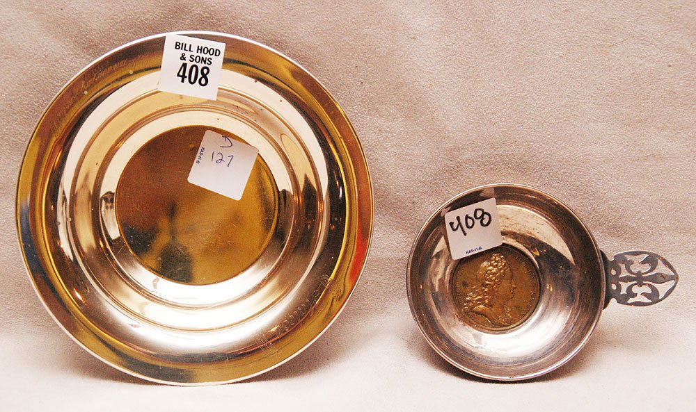 Steiff Sterling wine taster with coin, 5"d: Steiff Sterling wine taster with coin, 5"d