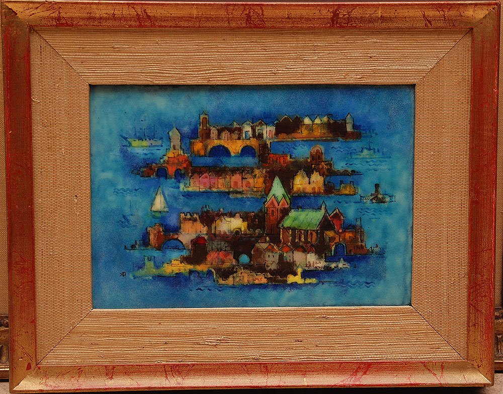 KARL DRERUP American Riverside Towns, Enamel Plaq: KARL DRERUP, American 1904-2000, “Riverside Towns” , enamel on steel plaque 7” x 10”, signed with artist’s mark lower left, framed