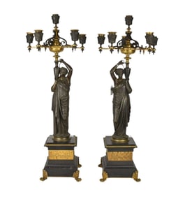 Pair of Neo-Classical Figural Bronze Maiden 5 Branch/6 Light Candelabra, 25"h x 6"w x 6"d