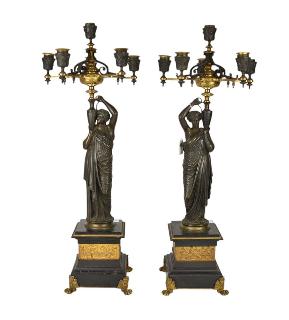 Pair of Neo-Classical Figural Bronze Maiden 5 Branch/6 Light Candelabra, 25"h x 6"w x 6"d