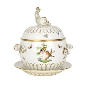 Large Herend Porcelain Tureen with Liner, Rothschild Pattern, 13"h x 14"w