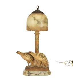 Antique Italian Art Deco Alabaster Lamp w/ Quails, Signed illegibly - A fine antique Art Deco period