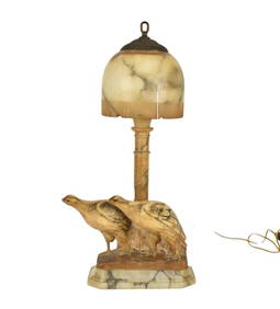 Antique Italian Art Deco Alabaster Lamp w/ Quails, Signed illegibly - A fine antique Art Deco period (1 of 11)