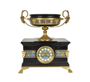19th Cen. French Baredienne Neoclassical Slate & Enamel Clock - A slate cased clock with champleve