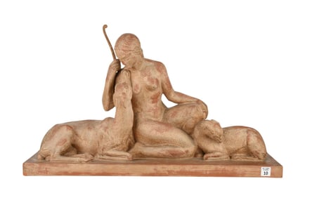 Antique French Terracotta Diana Huntress Sculpture, Andre' Lavaysse, 17"h x 28"w x 7 1/2"d