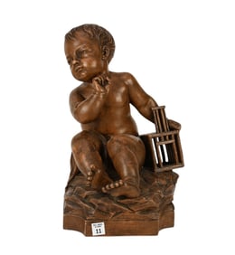 French Bronze Terracotta Sculpture, Child with Birdcage, 17"h x 12"w x 11"d