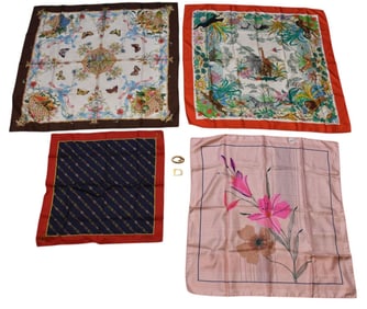 4 Silk Scarves, Christian Dior, 3 Gucci AND 2 Vintage GUCCI Ladies Belt Buckles