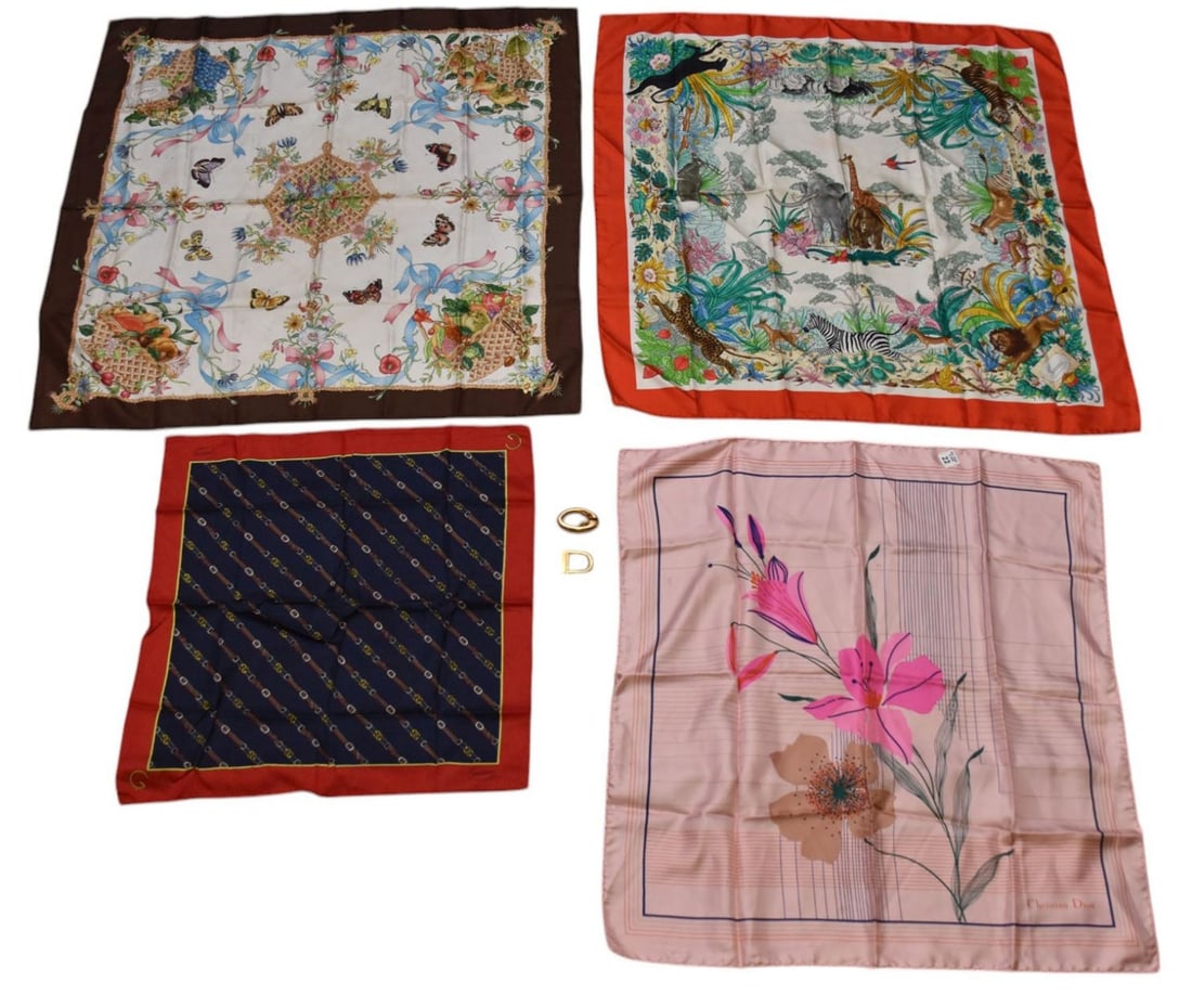 4 Silk Scarves, Christian Dior, 3 Gucci AND 2 Vintage GUCCI Ladies Belt Buckles (1 of 13)