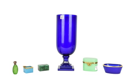 Lot 5 Vintage Glass Novelty Items Incl; Small Malachite Trinket Box, Green Opaline Box, Blue Opaline