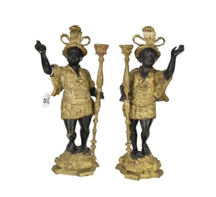 Pair Bronze Patinated & Gilt Blackamoor Figures, candlesticks, 16"h x 7"w