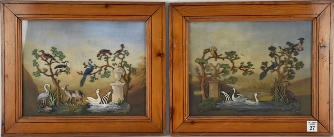 Pair Framed Reverse Painted Pictures, Trees, Birds & Fountains, 13"h x 16"w