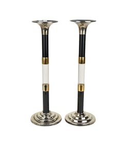 Pair Karl Springer Style Chrome & Lucite Candlesticks, 15"h