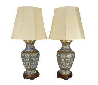 Pair Champleve Lamps, All Over Blue, Green and Orange Colored Cloisonne Flowers with Lucite Band At