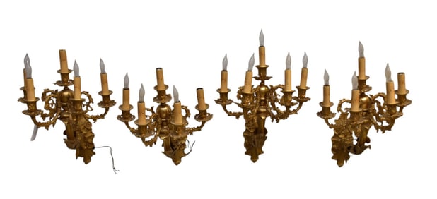 Set of Four French Louis XV Style Gilt Bronze Sconces With five candle arms and brackets, H. 16?? x