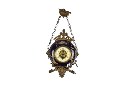 Hanging Clock, Enamel with Gilded Metal Mounts, 14"h x 10"w x 4"d