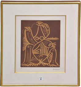 PABLO PICASSO (Spanish b. 1881-1973) Linocut in color, Femme Assise, An abstract rendition of a