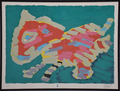 Karel Appel (Dutch, 1921-2006) Lithograph on Paper GREEN CAT-1980. Pencil signed by artist. Abstract: Karel Appel (Dutch, 1921-2006) Lithograph on Paper GREEN CAT-1980. Pencil signed by artist. Abstract stylized cat in shades of red pink and other colors with green background. 25 x 32 omcjes/ edotopm