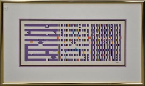 Yaacov Agam hand signed Silkscreen triptych, small edition numbered 11/29. 12-1/2 x 30 inches.