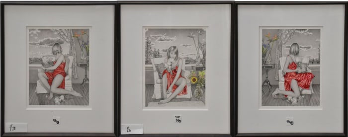 Three Drawings by KAY RUANE (American, b. 1956)  Graphite and Gouache on paper, Young woman sat in