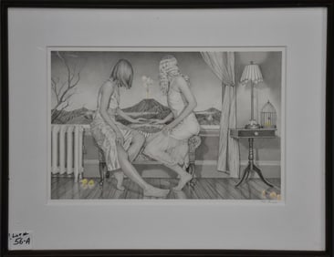 KAY RUANE (American, b. 1956)  Graphite and Gouache on paper- Depicts two young females in