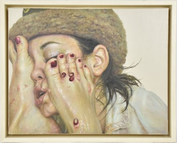MONICA COOK (American, b. 1974) Oil on canvas- Face with Feet and Pomegranate Seeds, Signed verso in